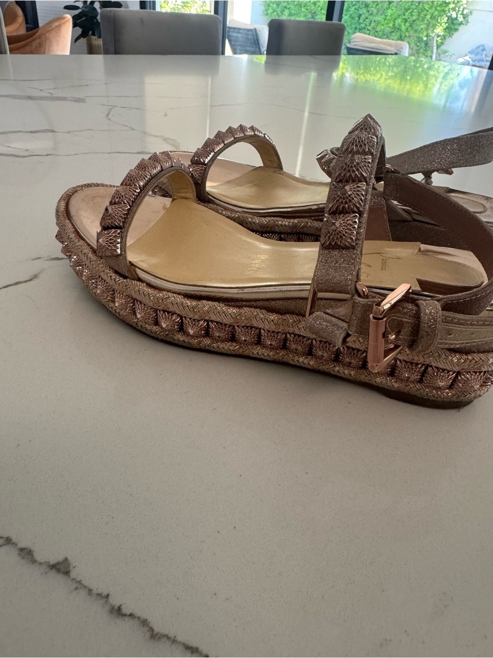 Christian Louboutin Metallic Rose Gold Braided Platform Sandals